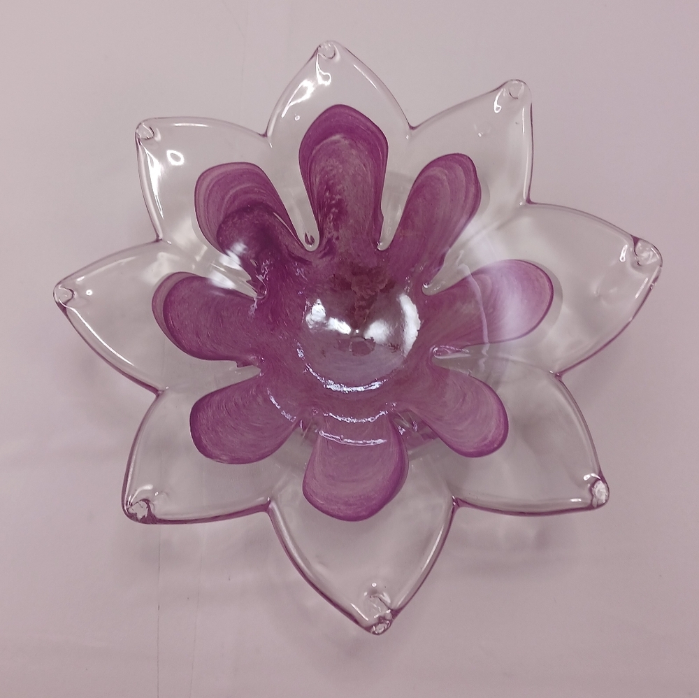Vintage 70s Murano Handblown Purple 8-Petal Floral Votive Candle Holder